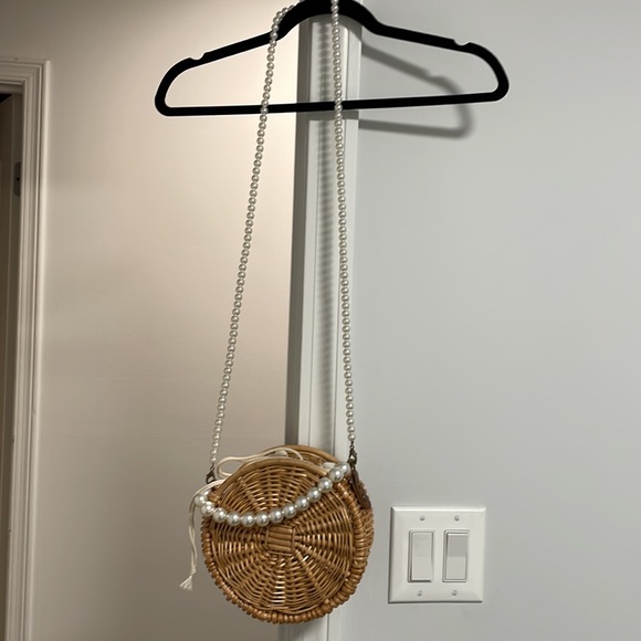 Round Straw Bag with Pearl-coated Straps - Picture 3 of 3